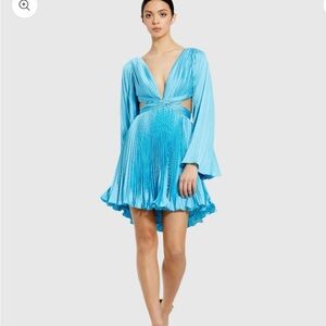 Mac Duggal Blue Pleated V-Neck Cutout Long Sleeve Mini Dress